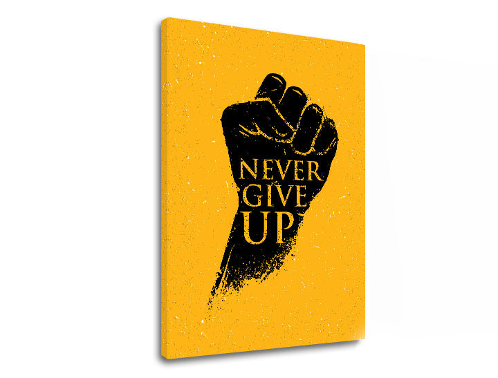 Modern tablou pe pânză cu motivul Never give up, citat motivațional în negru-galben nuanțe, forță, potrivit pentru birou | Motivațional tablou de perete Never give up – produs