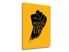 Modern tablou pe pânză cu motivul Never give up, citat motivațional în negru-galben nuanțe, forță, potrivit pentru birou | Motivațional tablou de perete Never give up – produs
