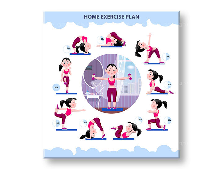 Modern tablou pe pânză cu motivul Home exercise plan, citat motivațional, motiv sportiv în alb-albastru nuanțe, atmosferă energică, potrivit pentru birou de lucru – principală