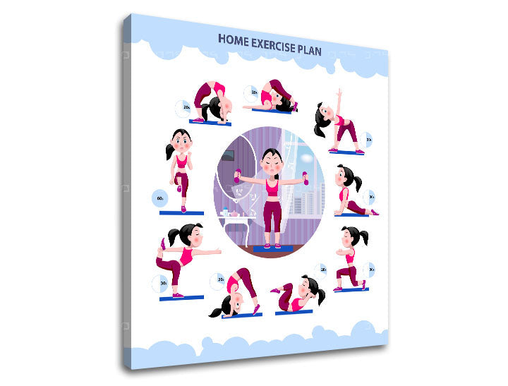 Modern tablou pe pânză cu motivul Home exercise plan, citat motivațional, motiv sportiv în alb-albastru nuanțe, atmosferă energică, potrivit pentru birou de lucru – produs