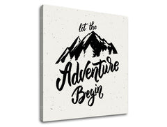 Art deco tablou pe pânză cu motivul Let the adventure begin, munți, motiv de călătorie, citat motivațional în alb-gri nuanțe, potrivit pentru sufragerie – produs