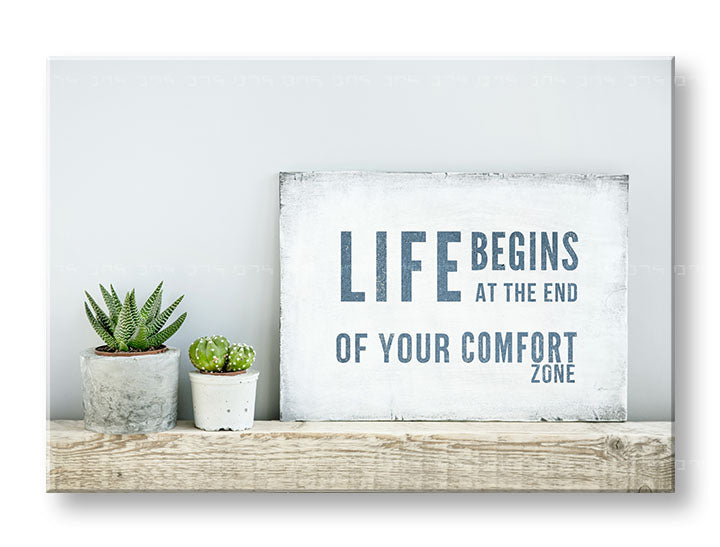 Modern tablou pe pânză cu motivul Life begins, citat motivațional, natură în verde nuanțe, atmosferă inspirațională, potrivit pentru birou | Motivațional tablou de perete Life begins – produs