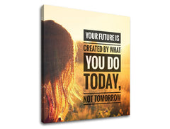 Modern tablou pe pânză cu motivul Your future is created, apus de soare, câmp, păr, peisaj în alb-auriu nuanțe, potrivit pentru birou | Motivațional tablou de perete Your future is created