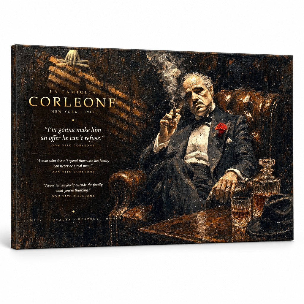 Tablou canvas Nașul cu Don Vito Corleone în fotoliu de piele, stil expresionist, ideal pentru decor interior premium de la Papilora.