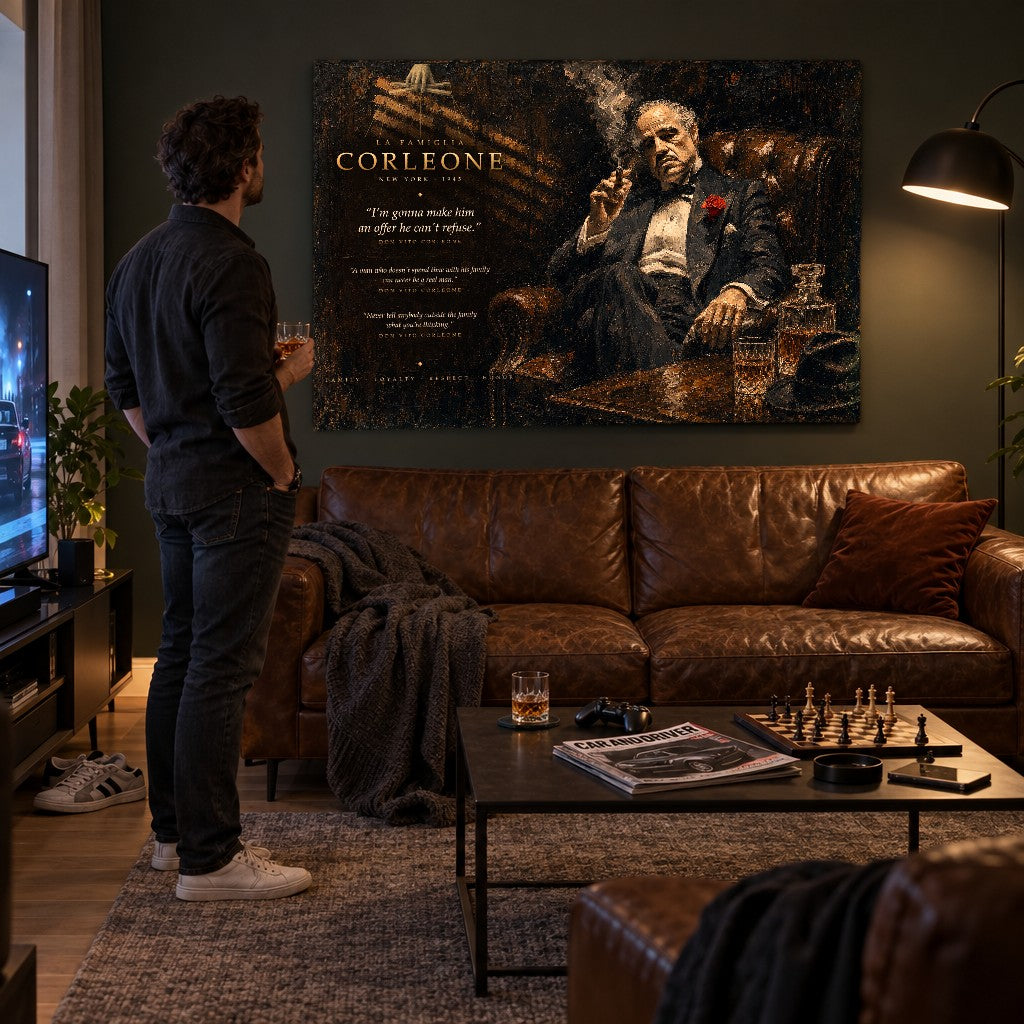 Tablou portret Don Corleone într-un living întunecat, stil mafiot, bărbat admirând arta, decor interior cu atmosferă dramatică.