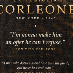 Detaliu tablou Nașul, inscripția La Famiglia Corleone și citatul celebru I'm gonna make him an offer he can't refuse, textură pânză.