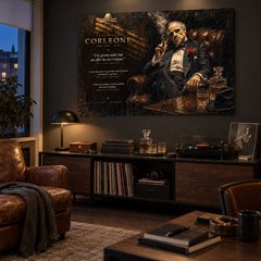 Tablou cu Don Vito Corleone amplasat într-un birou masculin elegant, deasupra unei comode cu gramofon, design interior clasic.