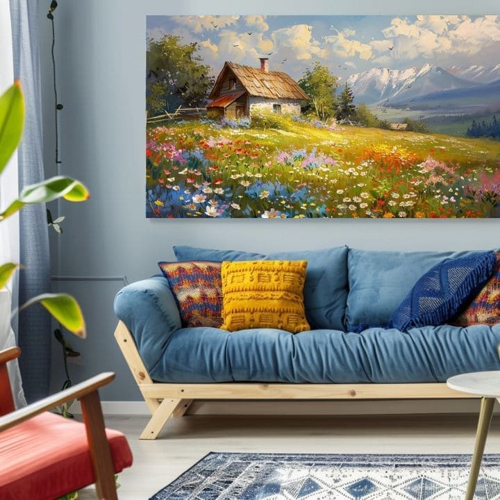 Modern tablou pe pânză cu motivul Colorată florală pajiște, munți, cer, păsări în albastru-alb nuanțe, atmosferă liniștită, natură și acasă | Tablou pe pânză Colorată florală pajiște – produs, vedere 2