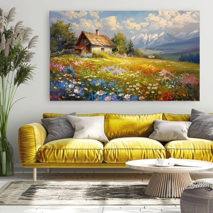 Modern tablou pe pânză cu motivul Colorată florală pajiște, munți, cer, păsări în albastru-alb nuanțe, atmosferă liniștită, natură și acasă | Tablou pe pânză Colorată florală pajiște – produs