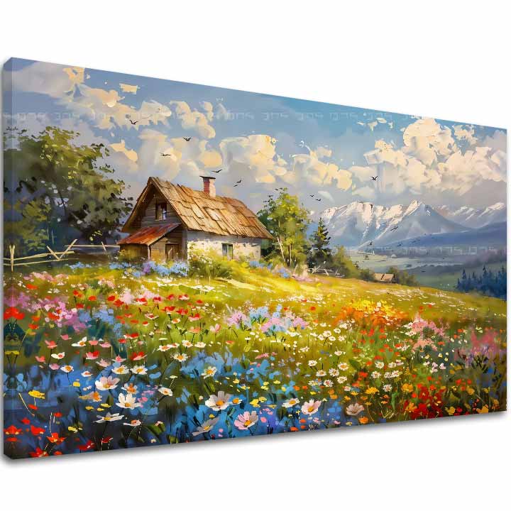 Modern tablou pe pânză cu motivul Colorată florală pajiște, munți, cer, păsări în albastru-alb nuanțe, atmosferă liniștită, natură și acasă | Tablou pe pânză Colorată florală pajiște – principală