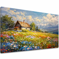 Modern tablou pe pânză cu motivul Colorată florală pajiște, munți, cer, păsări în albastru-alb nuanțe, atmosferă liniștită, natură și acasă | Tablou pe pânză Colorată florală pajiște – principală