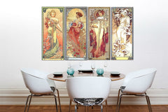 Vintage tablou pe pânză cu motivul ŠTYRI ROČNÉ OBDOBIA 120x70 cm – Alfons Mucha, hartă în verde-auriu nuanțe agățat în interiorul bucătărie – interior
