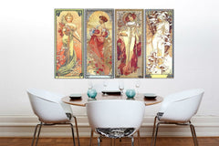 Vintage tablou cu motivul ŠTYRI ROČNÉ OBDOBIA 120x70 cm – Alfons Mucha, hartă în verde-auriu nuanțe | Tablou pe pânză ŠTYRI ROČNÉ OBDOBIA 120x70 cm – Alfons Mucha – previzualizare