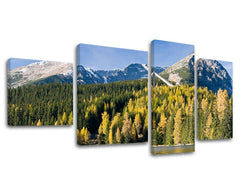 Clasic tablou pe pânză cu motivul SLOVACIA, munți, pădure, copaci, zăpadă în alb-albastru nuanțe, atmosferă liniștită, natură și aventură, execuție cu trei panouri – principală