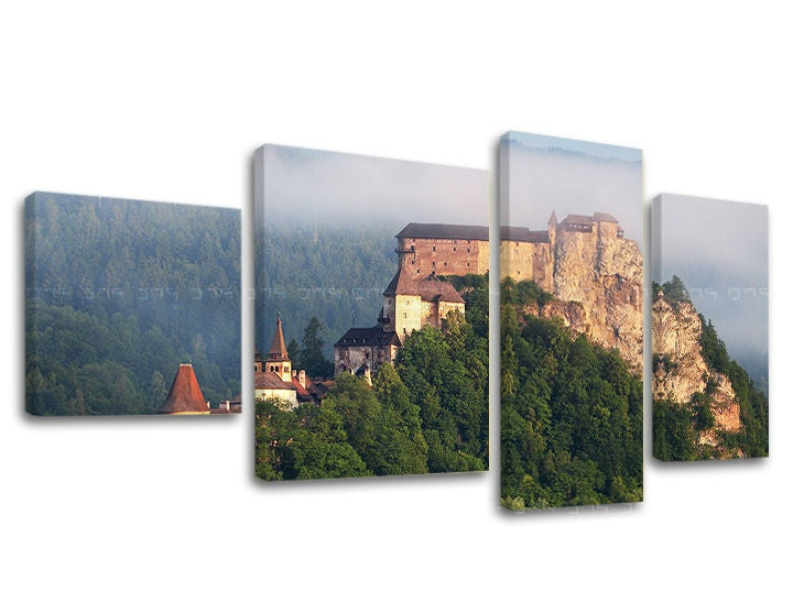 Clasic tablou pe pânză cu motivul SLOVACIA, castel, pădure, biserică, ceață în alb-albastru nuanțe, atmosferă liniștită, natură, execuție multi-panou – principală