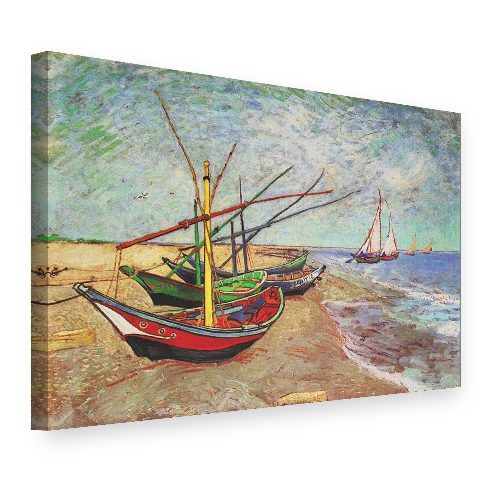 Tablou pe pânză Bărci de pescuit pe plaja din Saintes-Maries – Vincent van Gogh, vedere 3D