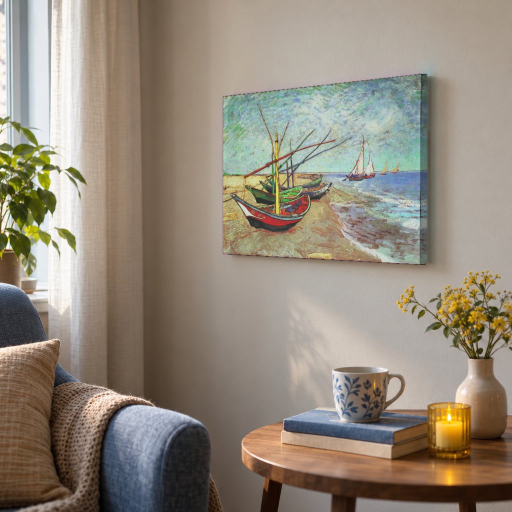 Tablou pe pânză Bărci de pescuit pe plaja din Saintes-Maries – Vincent van Gogh în living