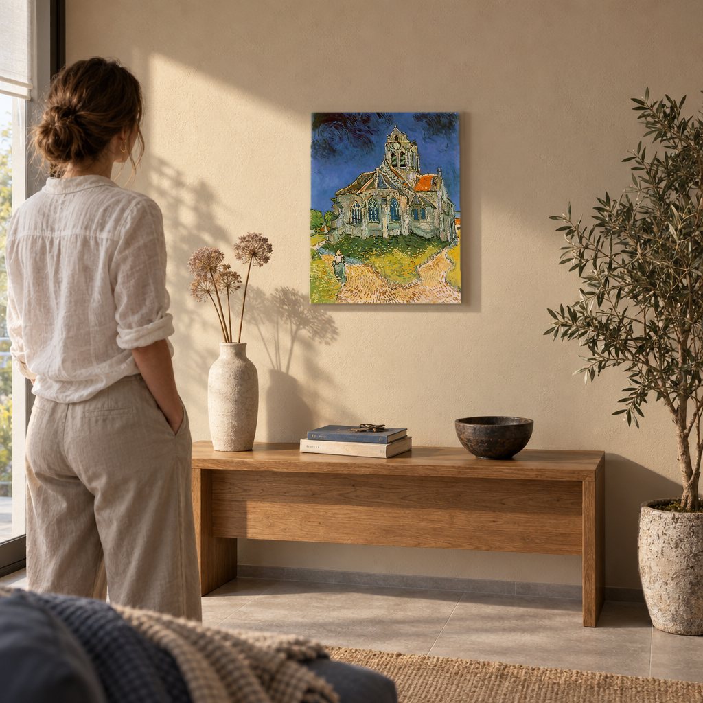 Tablou pe pânză Biserica din Auvers – Vincent van Gogh în living