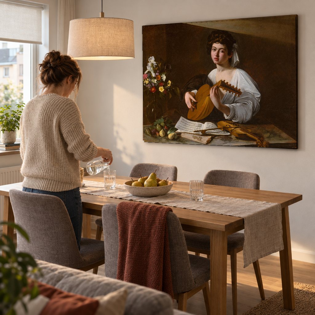 Tablou pe pânză Cântărețul din lăută – Caravaggio în sufragerie