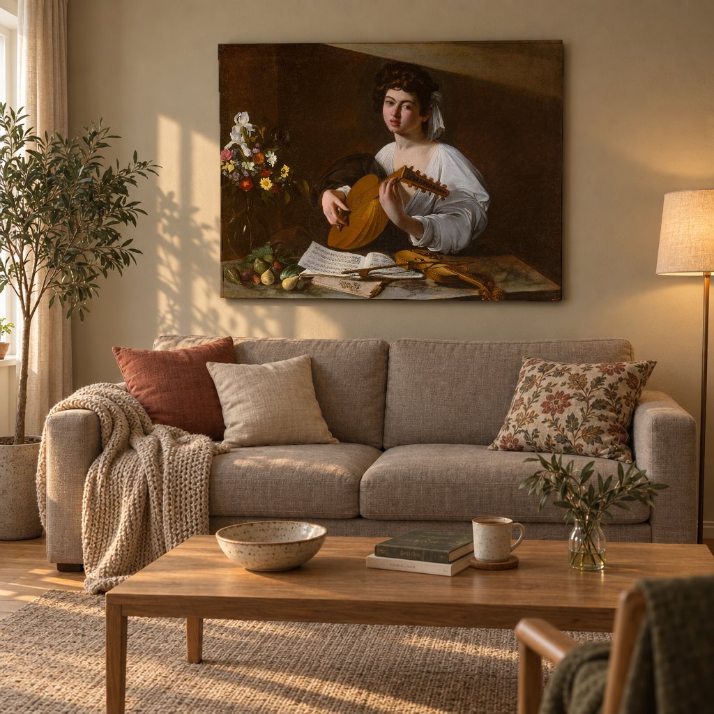 Tablou pe pânză Cântărețul din lăută – Caravaggio în living