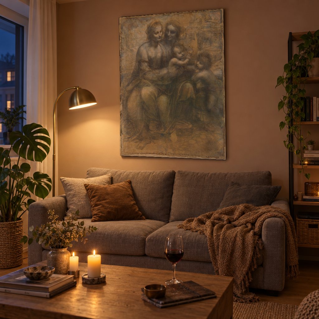 Tablou pe pânză Fecioara, Pruncul și Sfânta Ana – Leonardo da Vinci în living