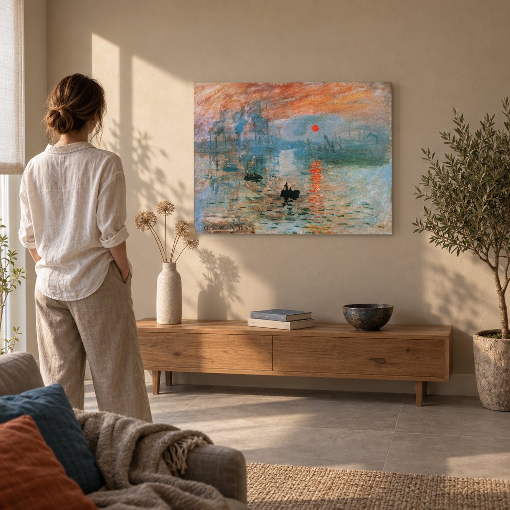 Tablou pe pânză Impresie, răsărit de soare – Claude Monet în living