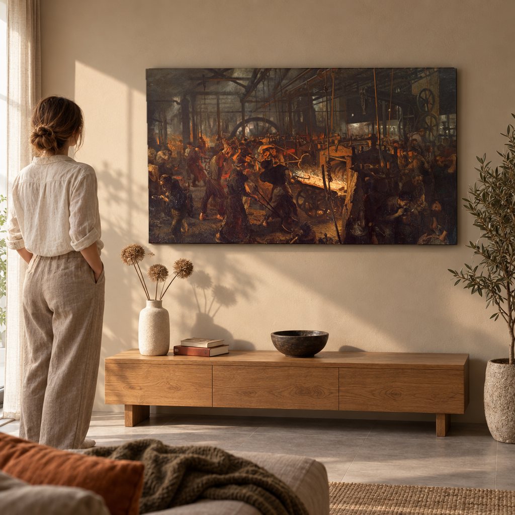 Tablou pe pânză Laminorul de fier – Adolph Menzel în living