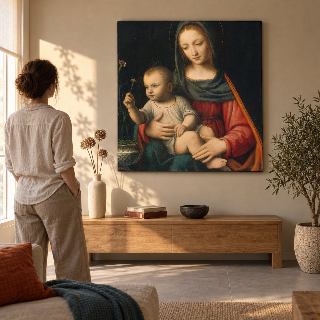 Tablou pe pânză Madona cu garoafă – Bernardino Luini în living