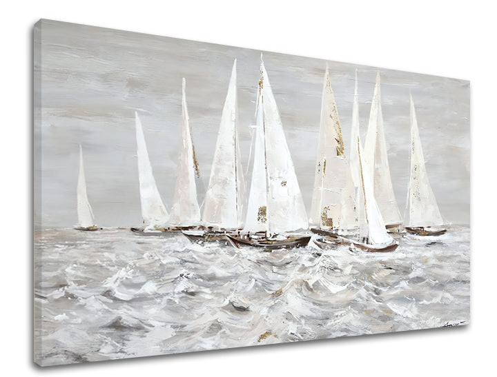 Industrial tablou pe pânză cu motivul PLACHETNICE PE MARE, ocean, valuri, cer, natură în alb-gri nuanțe, atmosferă liniștită, potrivit pentru dormitor – produs