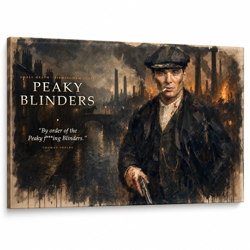 Tablou Peaky Blinders cu portretul lui Thomas Shelby, stil dramatic pe pânză de bumbac, decor interior premium de la Papilora