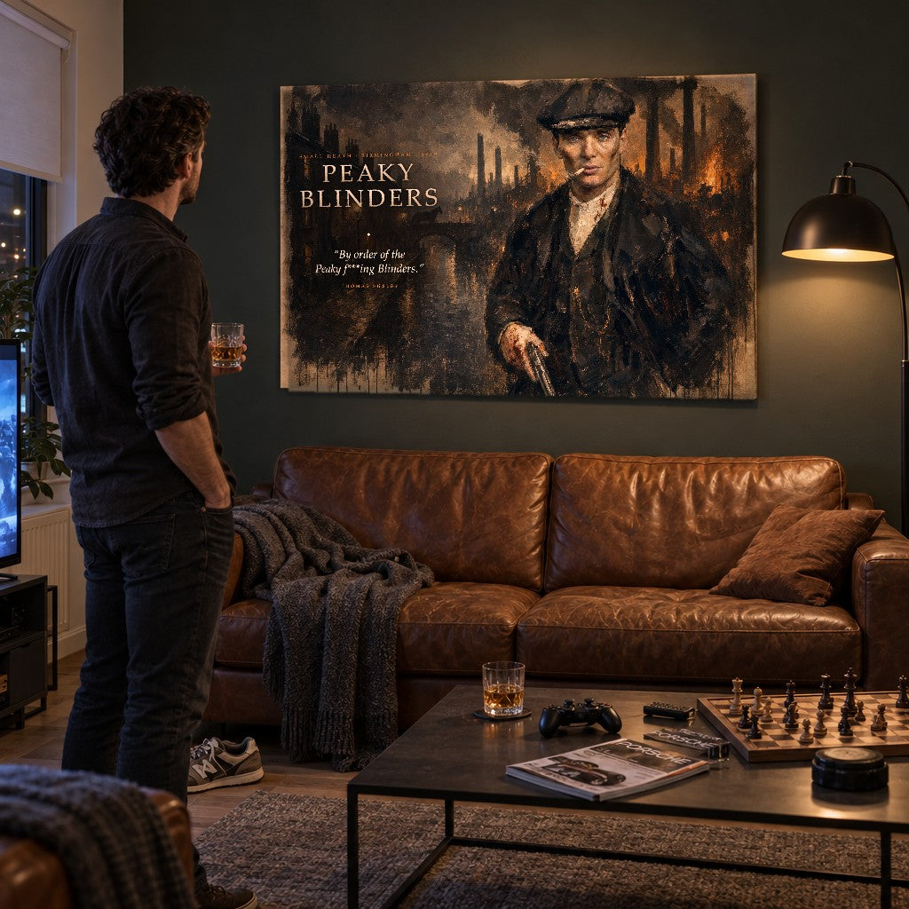 Tablou Peaky Blinders într-un living întunecat, portretul lui Thomas Shelby adăugând un stil industrial și sofisticat camerei