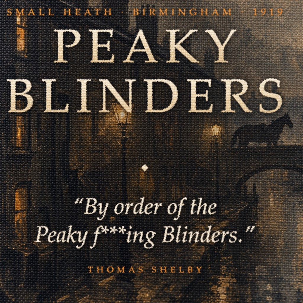Detaliu al tabloului Peaky Blinders, textură de pânză de înaltă calitate cu citatul iconic By order of the Peaky Blinders