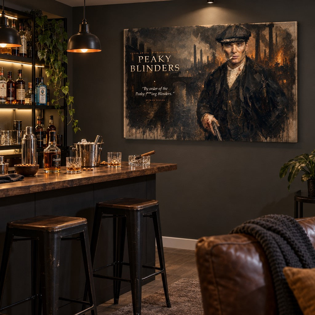 Tablou Peaky Blinders amplasat deasupra unui bar de acasă, decor elegant cu tematică cinematografică și atmosferă masculină