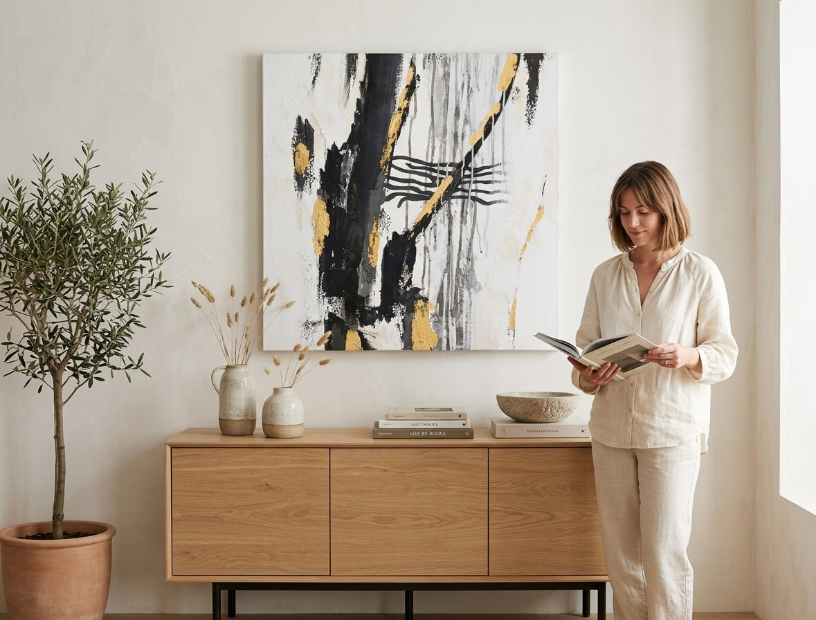 Pictat manual tablou pe pânză în alb-gri nuanțe agățat în interiorul birou, atmosferă sofisticată, minimalism | Tablou pictat de perete ABSTRACT – interior
