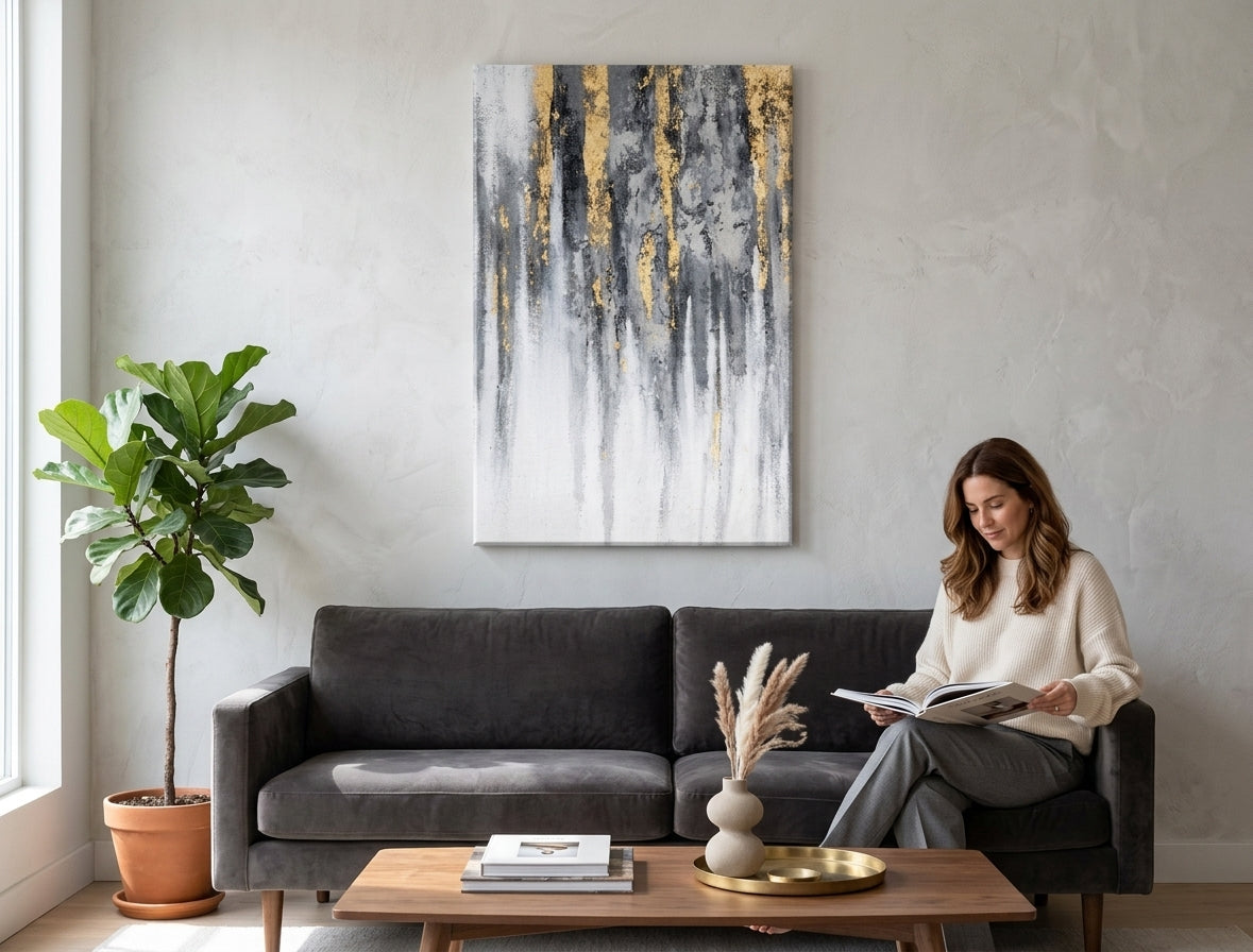 Pictat manual tablou pe pânză cu motivul pădure în alb-gri nuanțe agățat în interiorul birou, atmosferă elegantă, natură și minimalism – interior