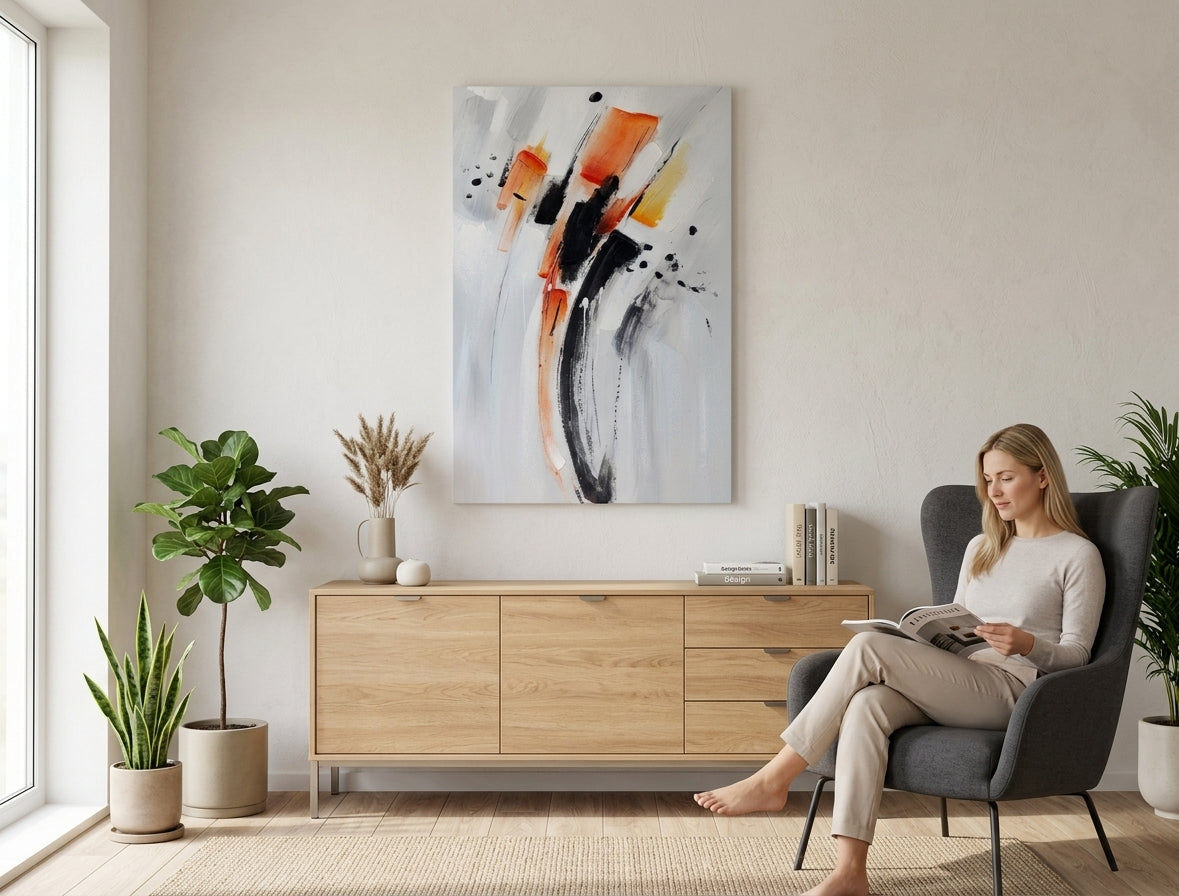 Pop art tablou pe pânză cu motivul peisaj, natură în alb-portocaliu nuanțe agățat în interiorul birou, atmosferă energică, mișcare | Tablou pictat de perete ABSTRACT – interior