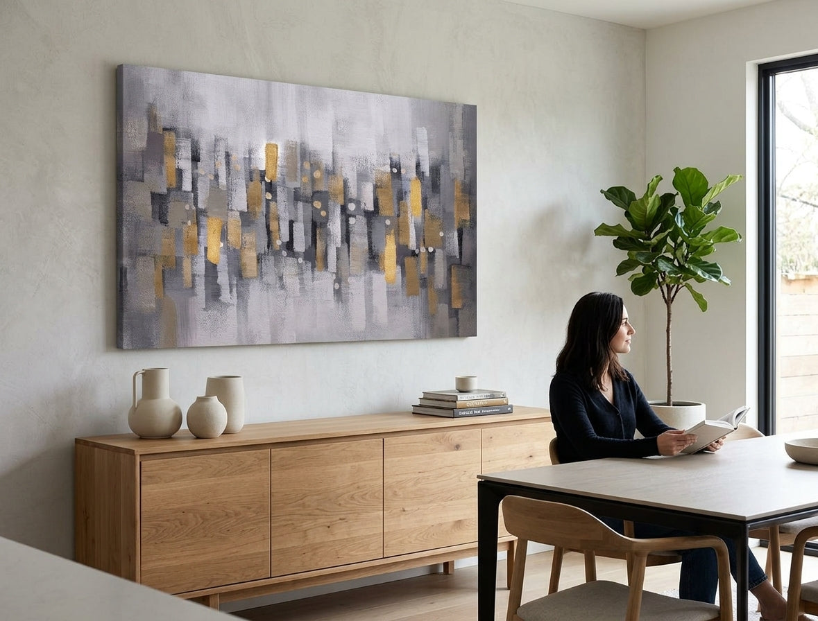Pictat manual tablou pe pânză cu motivul panorama orașului în alb-gri nuanțe agățat în interiorul birou, atmosferă liniștită | Tablou pictat de perete ABSTRACT – interior