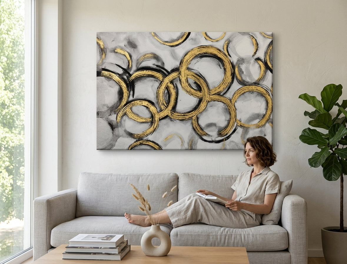 Pictat manual tablou pe pânză cu motivul tușe de pensulă în alb-gri nuanțe agățat în interiorul hol, atmosferă elegantă, impresie de lux și minimalism – interior