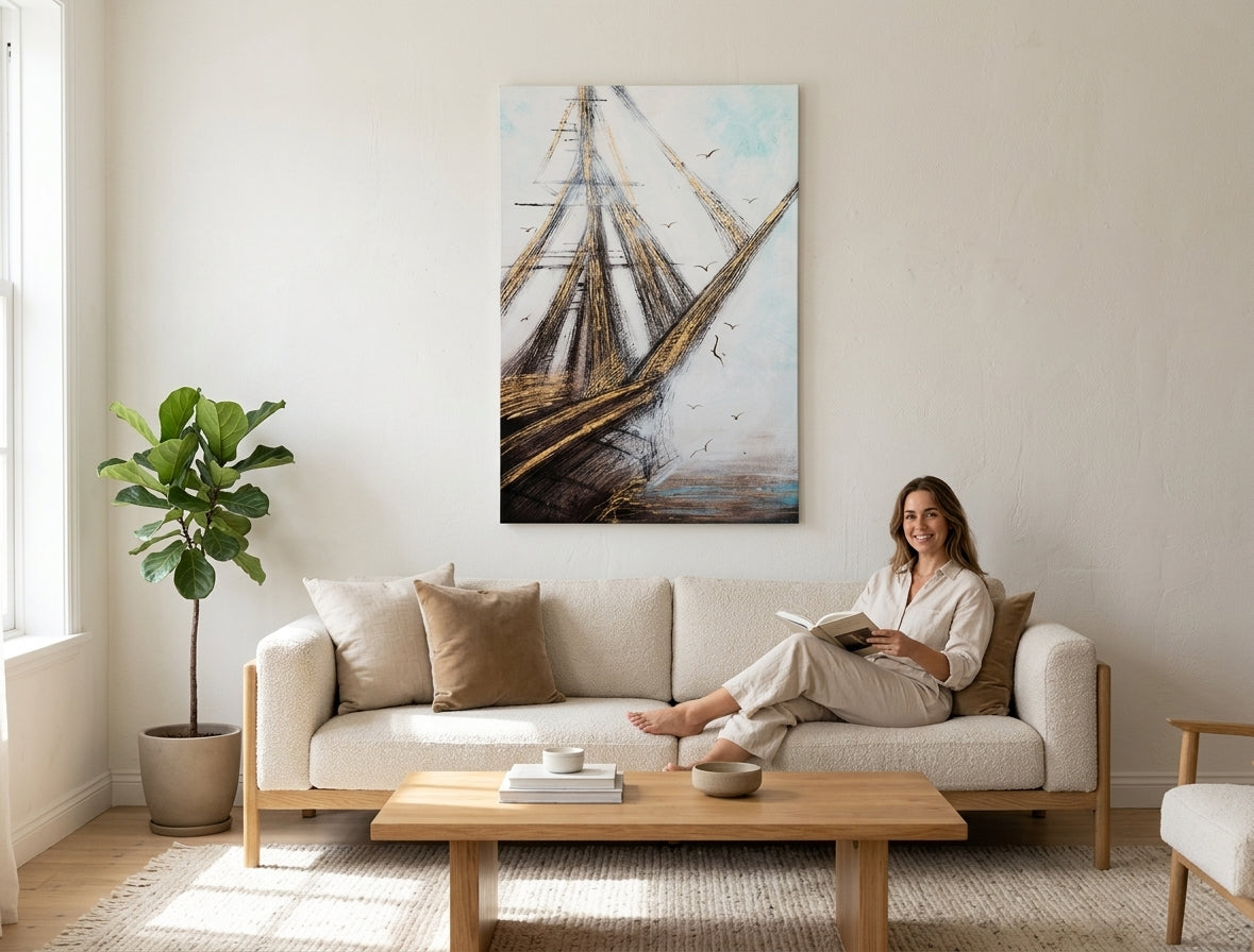 În stil boho tablou pe pânză cu motivul mare și plajă în alb-albastru nuanțe agățat în interiorul birou, atmosferă liniștită, libertate | Tablou pictat de perete ABSTRACT – interior