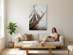 În stil boho tablou pe pânză cu motivul mare și plajă în alb-albastru nuanțe agățat în interiorul birou, atmosferă liniștită, libertate | Tablou pictat de perete ABSTRACT – interior