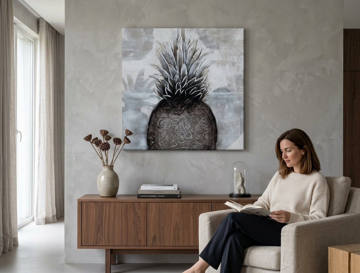 Pictat manual tablou pe pânză cu motivul ANANÁS, frunze, natură în alb-gri nuanțe agățat în interiorul bucătărie, atmosferă sofisticată – interior