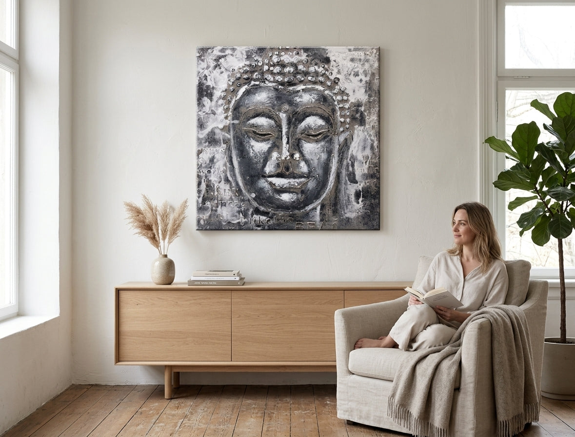 Pictat manual tablou pe pânză cu motivul BUDHA, Buddha în alb-gri nuanțe agățat în interiorul sufragerie, atmosferă liniștită, spiritualitate – interior