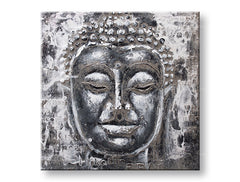Pictat manual tablou pe pânză cu motivul BUDHA, Buddha în alb-gri nuanțe, atmosferă liniștită, spiritualitate, potrivit pentru sufragerie | Tablou pictat de perete BUDHA – principală