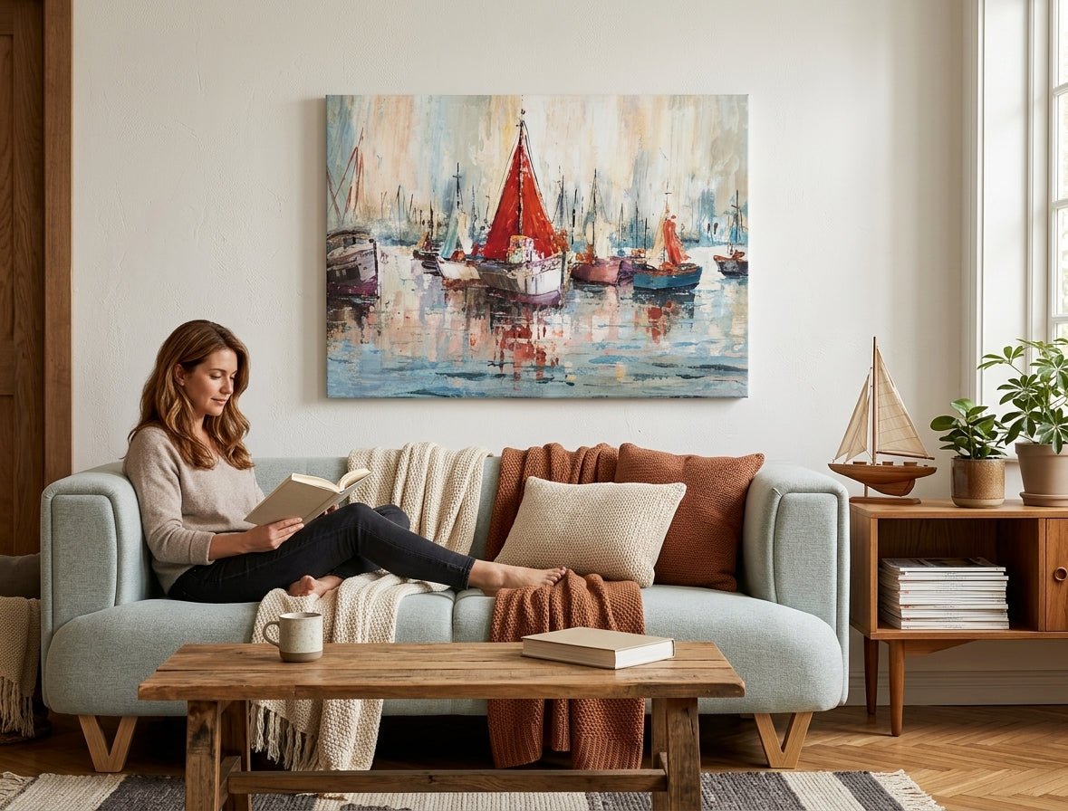 În stil scandinav tablou pe pânză cu motivul BĂRCI, port, hartă, natură în alb-bej nuanțe agățat în interiorul sufragerie, viață la mare – interior