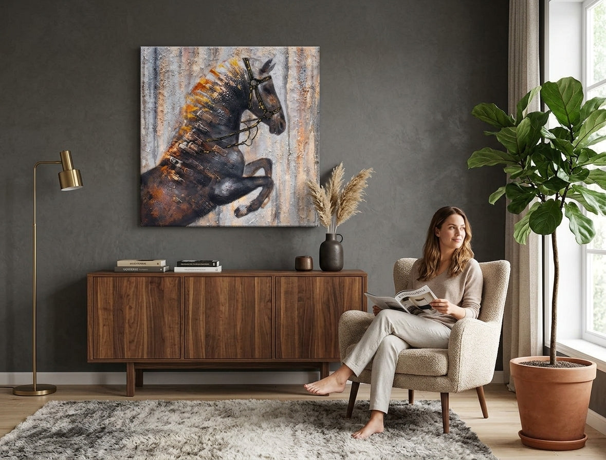 Modern tablou pe pânză cu motivul CAL în maro nuanțe agățat în interiorul sufragerie, atmosferă energică, natură și libertate | Tablou pictat de perete CAL – interior