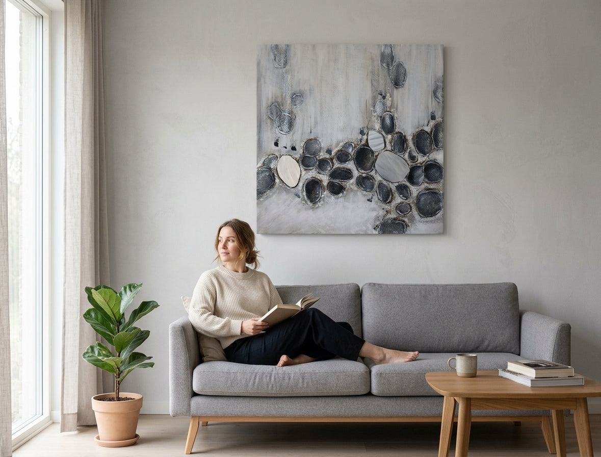 Modern tablou pe pânză în gri-negru nuanțe agățat în interiorul sufragerie, atmosferă liniștită, natură și minimalism | Tablou pictat de perete ABSTRACT – interior