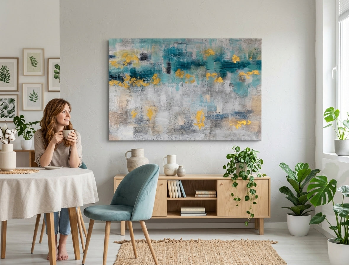 Pictat manual tablou pe pânză cu motivul peisaj, natură în bej-albastru nuanțe agățat în interiorul bucătărie, atmosferă liniștită, natură – interior