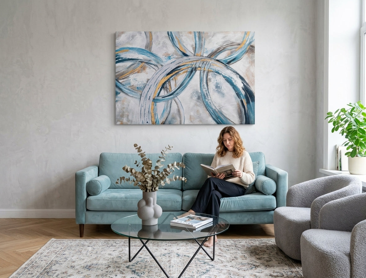 Pictat manual tablou pe pânză cu motivul flori, natură în alb-crem nuanțe agățat în interiorul dormitor, atmosferă liniștită, mișcare | Tablou pictat de perete ABSTRACT – interior