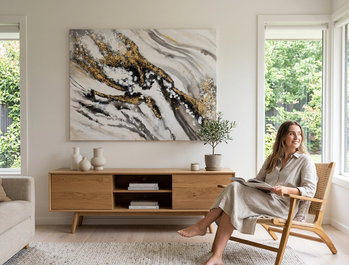 Pictat manual tablou pe pânză cu motivul natură în alb-auriu nuanțe agățat în interiorul sufragerie, atmosferă sofisticată, natură și impresie de lux – interior