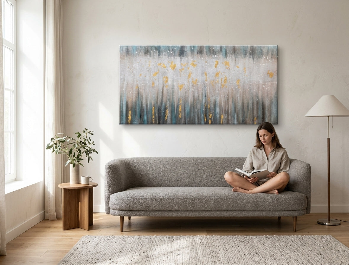 Pictat manual tablou pe pânză cu motivul ceață ușoară în alb-albastru nuanțe agățat în interiorul birou, atmosferă liniștită, natură și minimalism – interior